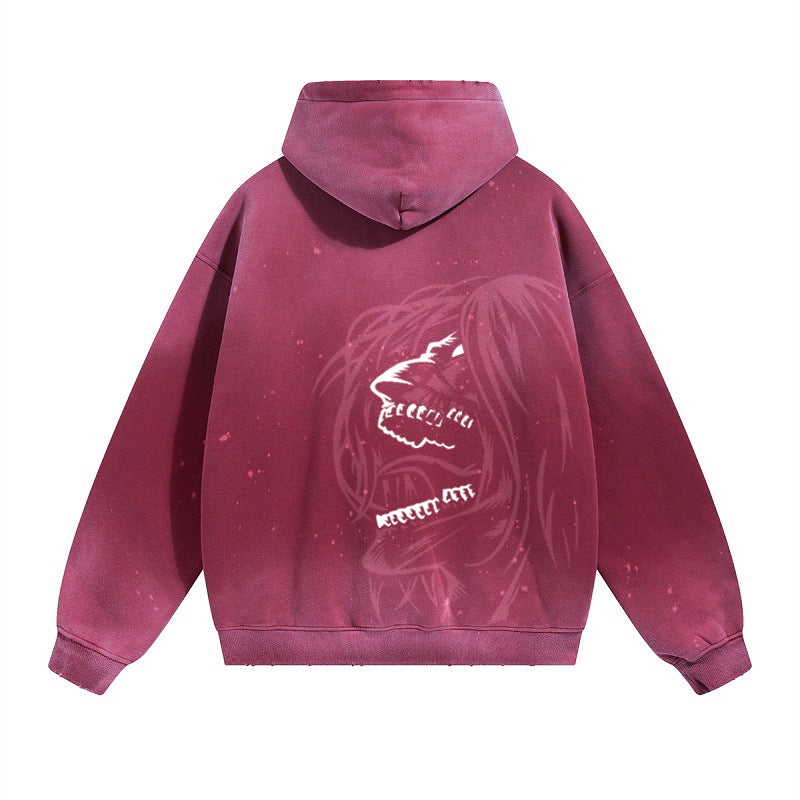 The back of the Limited Edition Attack on Titan Hoodie features a roaring figure graphic with sharp teeth in white, contrasting against its blood-red gradient. Made from 420GSM heavyweight cotton with distressed details, it&