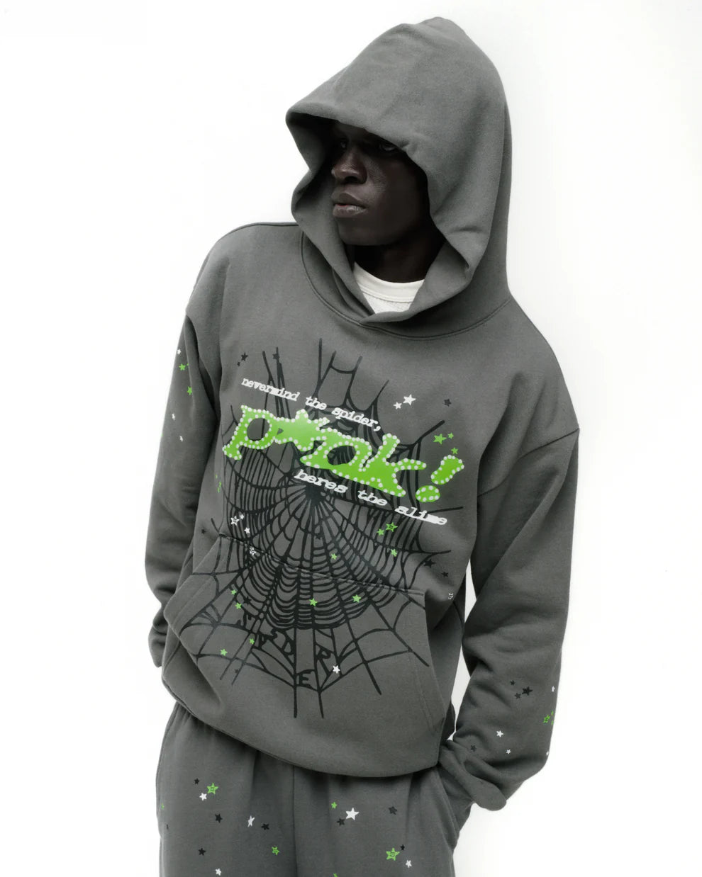 Sp5der “P!nk! Hares the Slime” Hoodie – Olive Green 440GSM Heavyweight Spider-Web Pullover