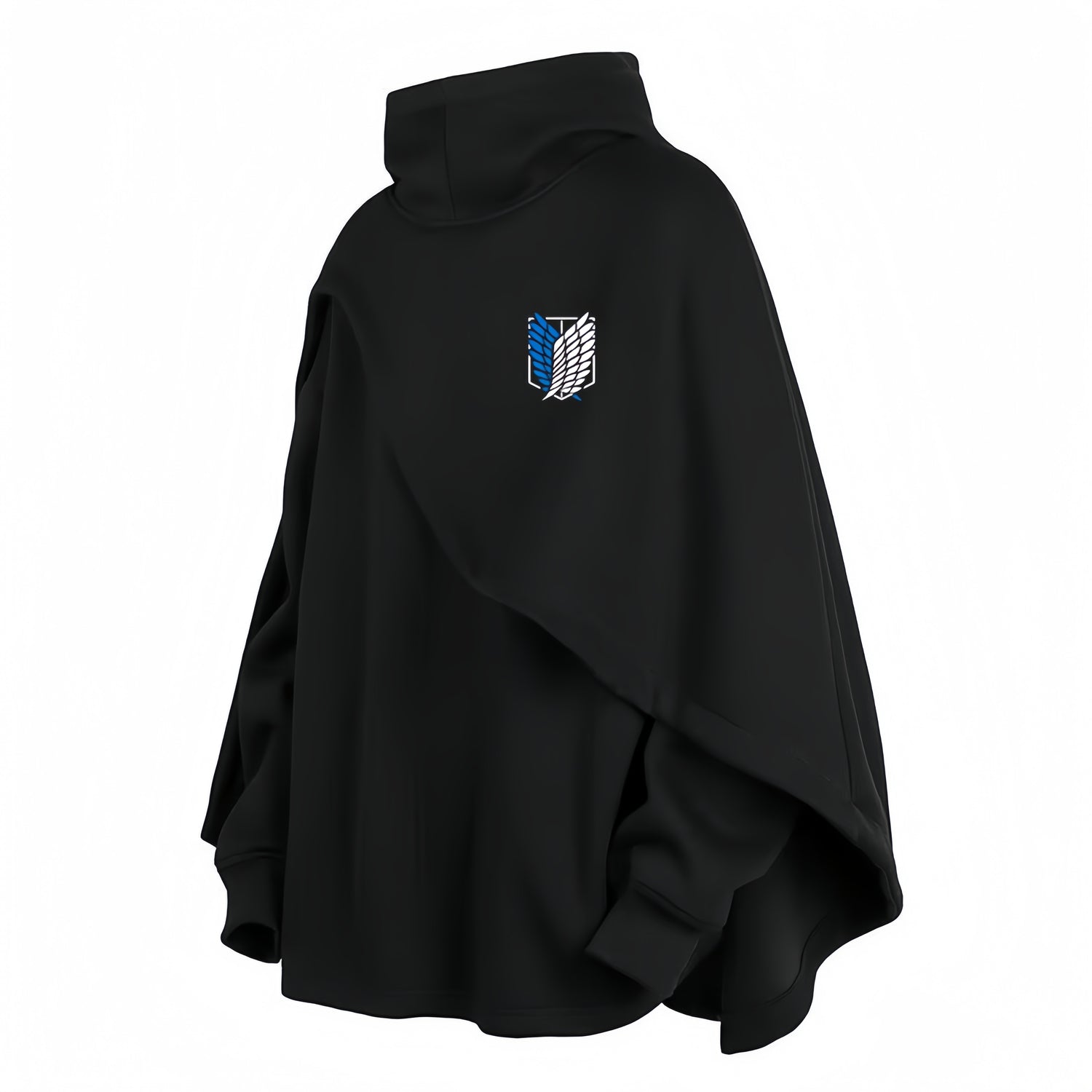 The Limited Edition Attack on Titan Hooded Cape by Attack on Titan is a black poncho featuring a high neck, long sleeves, and an embroidered Survey Corps emblem with blue and white wings. The cape offers a relaxed fit and Adds Attack on Titan flair with its thick, comfortable fabric.