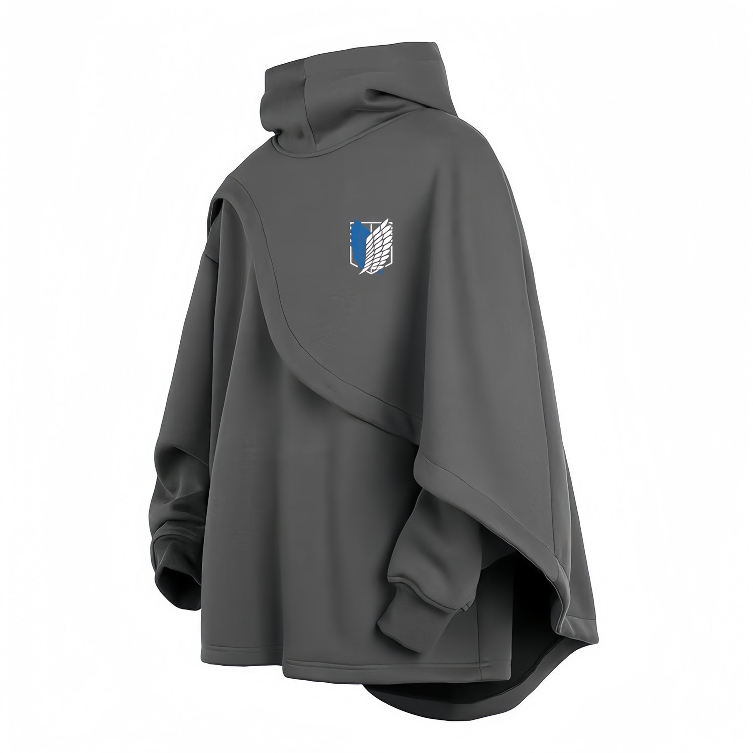 This Limited Edition Attack on Titan hooded cape has long sleeves, an asymmetrical draped front, and a blue shield with white wing logo like the Survey Corps emblem on the chest.