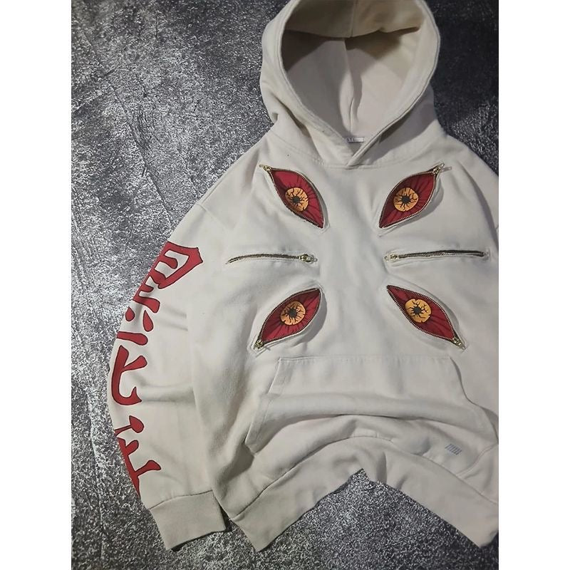 Six-Eyed Embroidered Pure Cotton Hoodie – Dark Eastern Aesthetic Streetwear