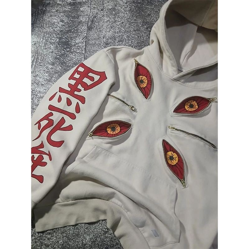 Six-Eyed Embroidered Pure Cotton Hoodie – Dark Eastern Aesthetic Streetwear