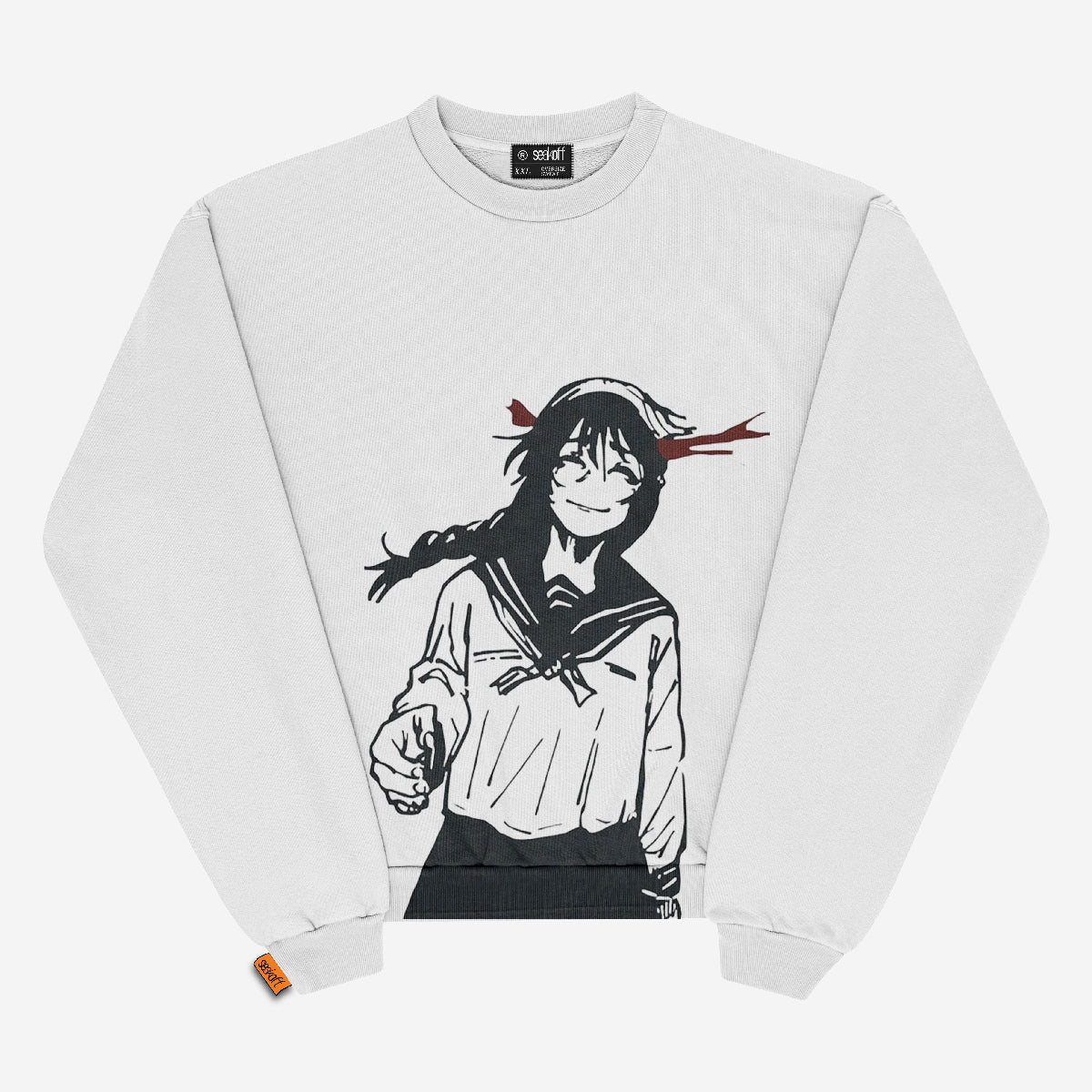 The Jujutsu Kaisen Riko Amanai &amp; Toji Fushiguro Crewneck Sweatshirt in white features a stylized illustration of a character with long hair and sailor-style outfit, smiling and reaching forward. Red accents on the head and an orange tag on the hem make this perfect for anime streetwear fans.