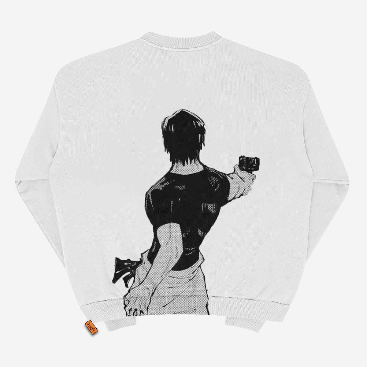 This white Jujutsu Kaisen Riko Amanai &amp; Toji Fushiguro crewneck sweatshirt features a black and white back-view illustration of a man holding a smartphone, complemented by an orange tag on the bottom left for a subtle color pop.