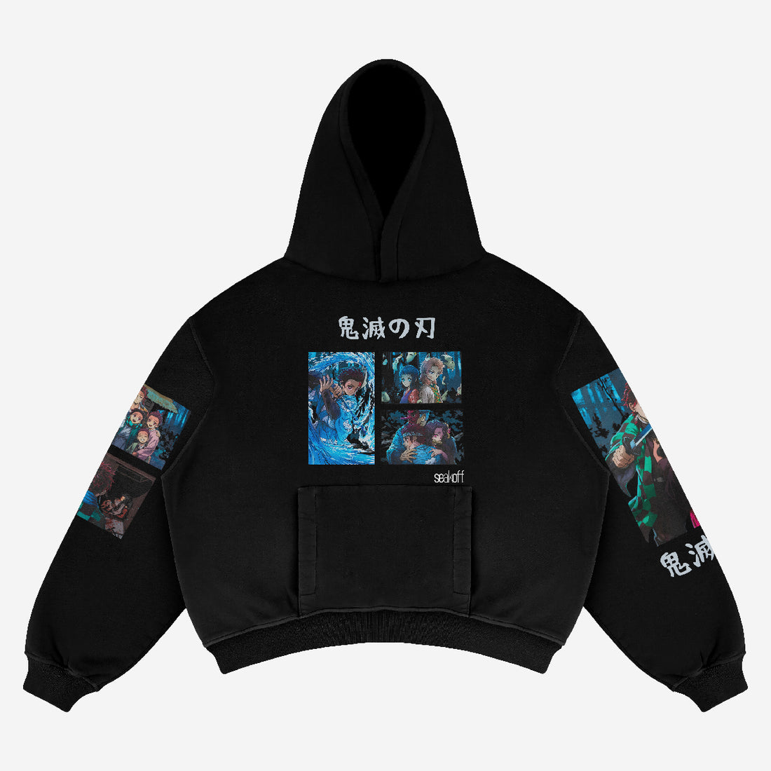 The Demon Slayer Hoodie - Tanjiro Water Breathing Design, by Demon Slayer, showcases anime-style illustrations with Japanese text on the back and sleeves. The back features three square images, while the sleeves have rectangular prints. Made from 360 GSM cotton, it&