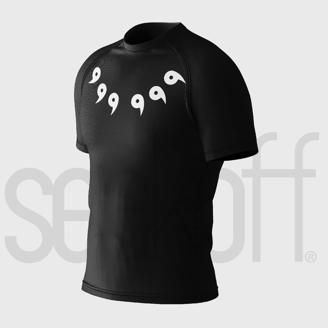 The Naruto Six Paths Compression Gym Shirt is a high-quality black workout top featuring a high neckline, short sleeves, and five white comma-shaped designs on the chest. It&