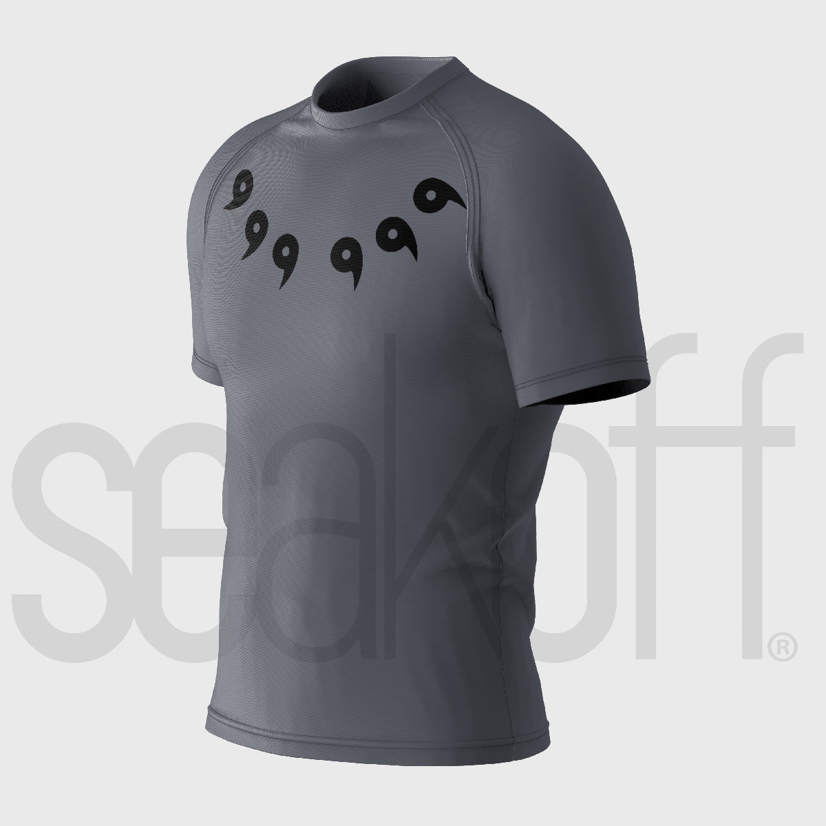 A gray short-sleeve shirt featuring black comma symbols in a semi-circle on the chest resembles the Naruto Six Paths Compression Gym Shirt, a high-quality breathable workout top by Naruto.