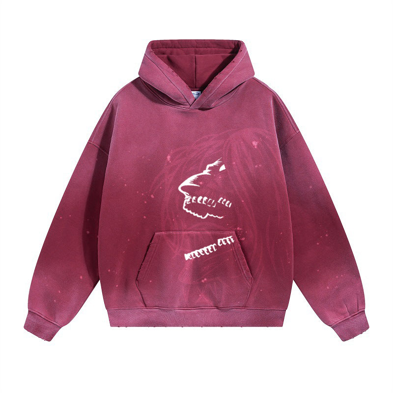 This Limited Edition Attack on Titan Hoodie in blood red gradient, crafted from 420GSM heavyweight cotton with distressed details, features a white stylized shark image, a large front pocket, hood up, and ribbed sleeves and waistband. Perfect for capturing the essence of anime streetwear.