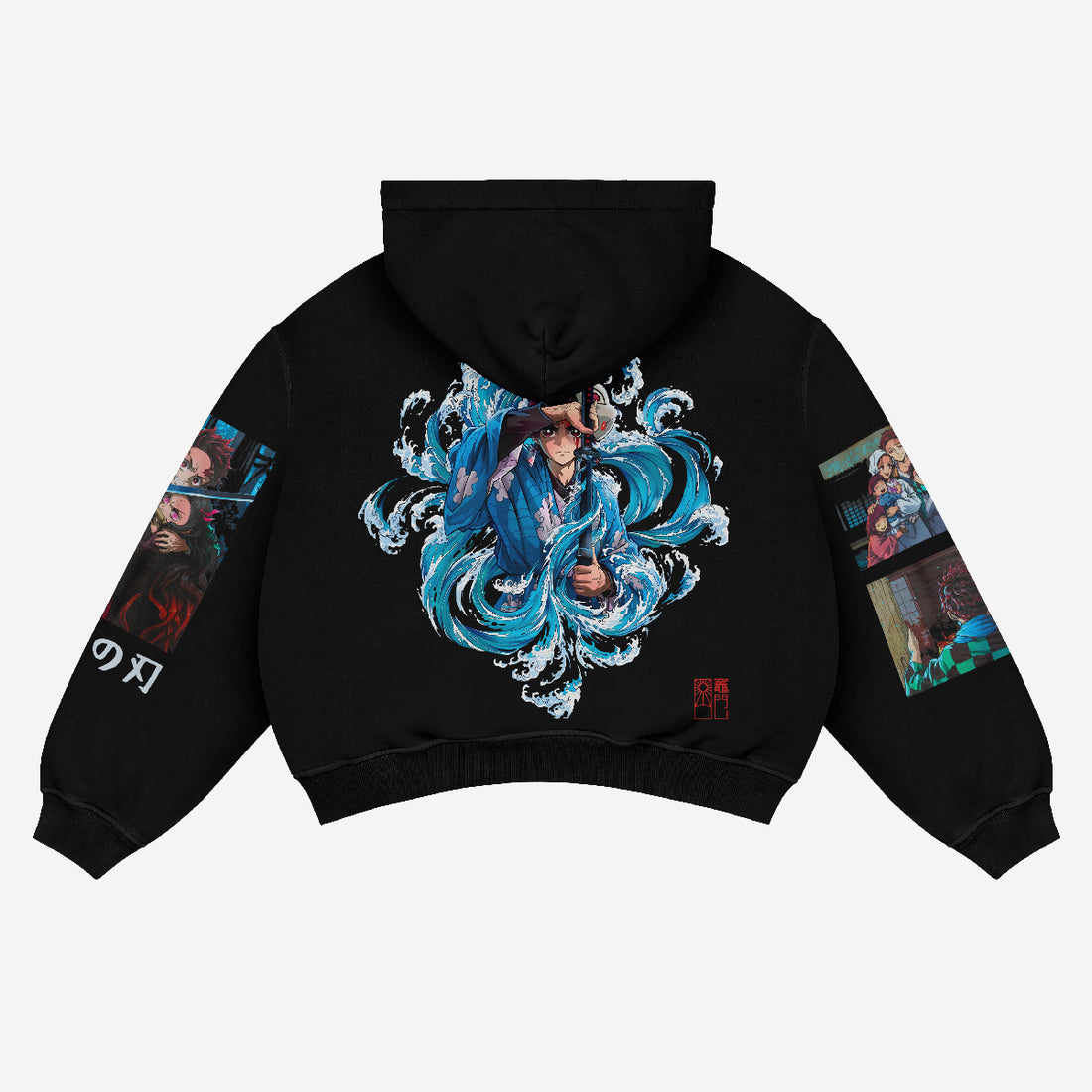 The Demon Slayer Hoodie, featuring Tanjiro’s Water Breathing Design, boasts a vibrant high-definition print of Tanjiro Kamado with dynamic water elements on the back. The sleeves have additional character art and Japanese text. Made from 360 GSM cotton, this unisex streetwear is perfect for anime fans seeking style and comfort.