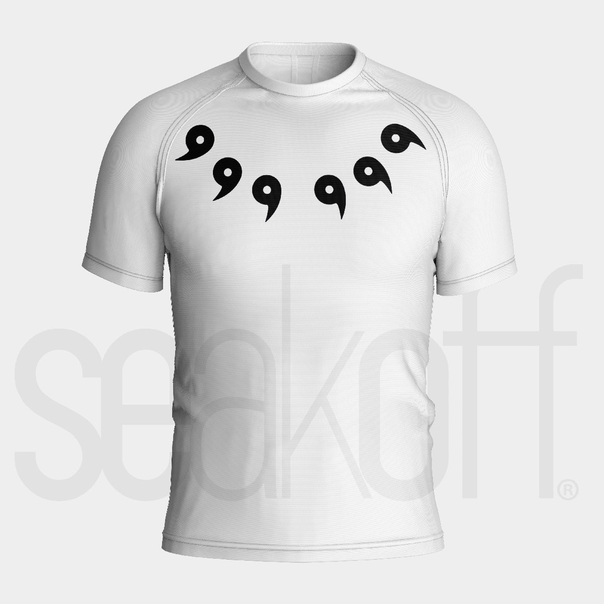 The Naruto Six Paths Compression Gym Shirt by Naruto is a white, short-sleeve top with black commas across the chest on a faint &quot;seekoff&quot; watermark. It&