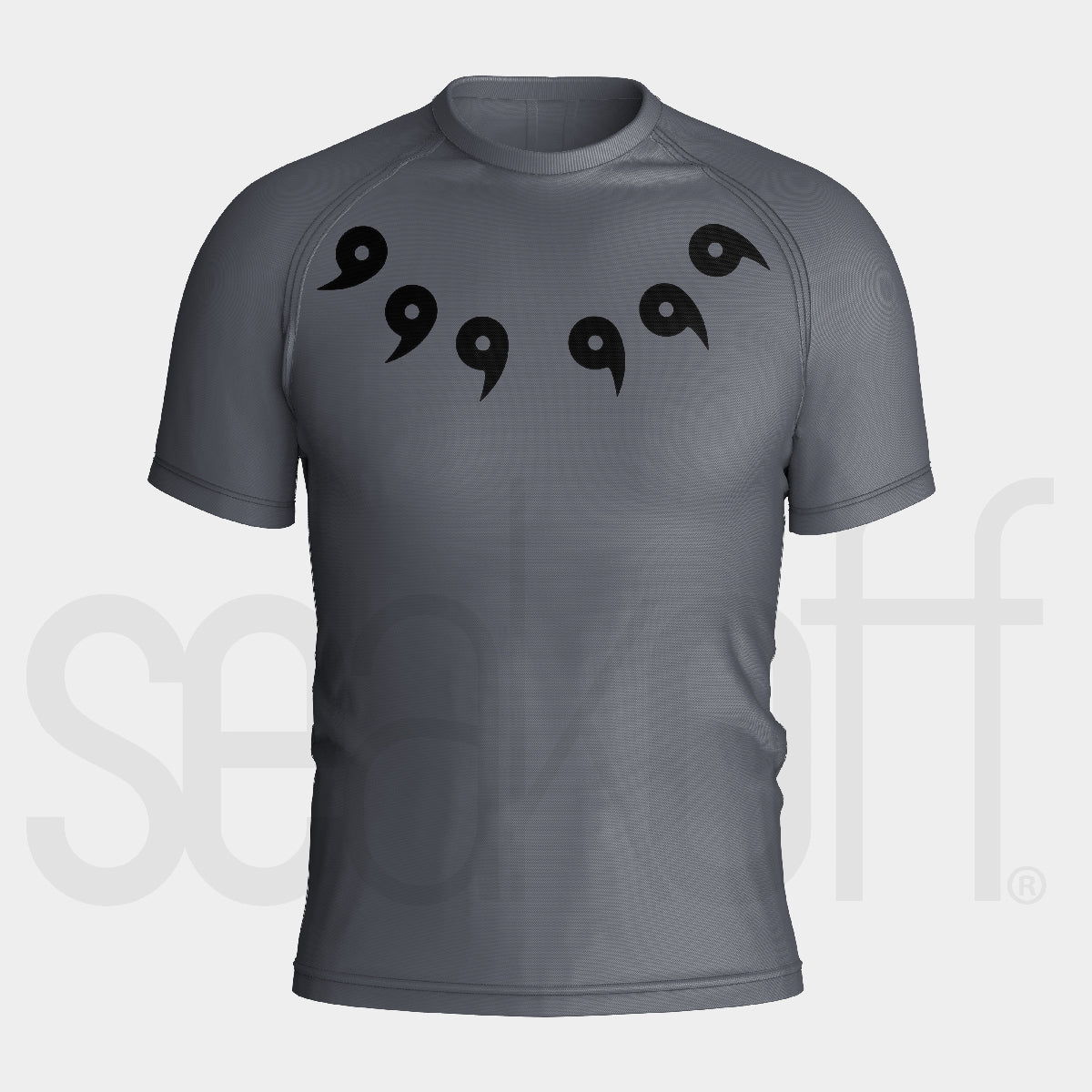 The Naruto Six Paths Compression Gym Shirt by Naruto is a gray short-sleeved crew neck perfect for fans. Featuring six black commas in a semicircle, this high-quality breathable workout top&