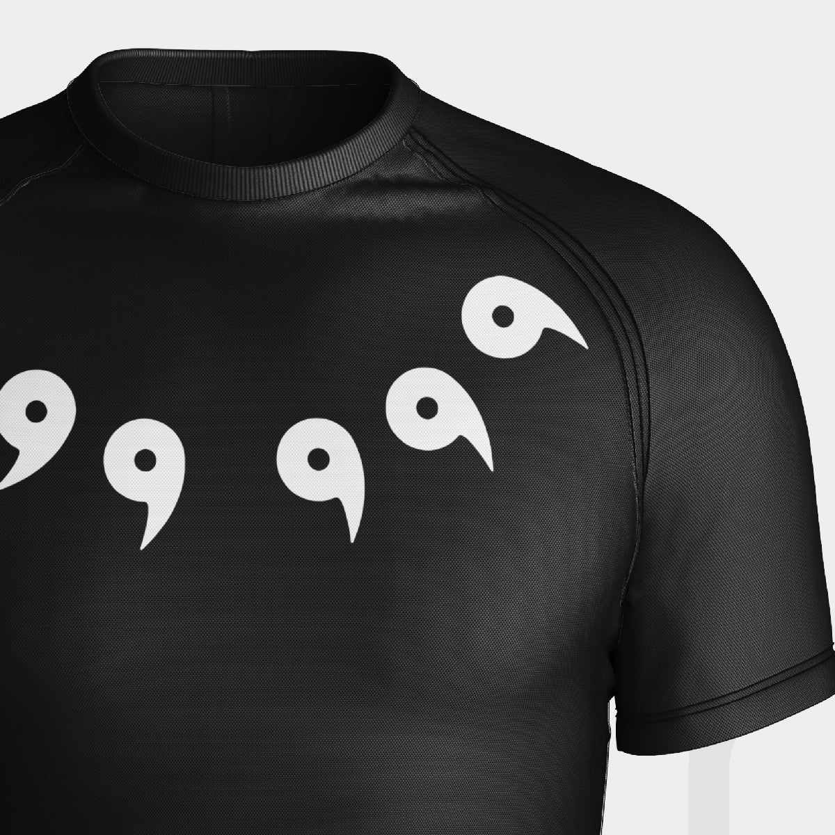 The Naruto Six Paths Compression Gym Shirt is a high-quality, breathable black workout top. It features moisture-wicking fabric with high elasticity, showcasing five white comma symbols in a diagonal chest pattern and visible stitching on the sleeves and collar for durability.