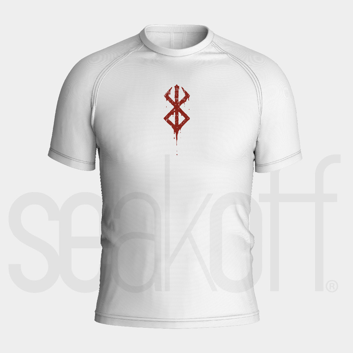 The Berserk Minimalist Anime Symbol Compression Gym Shirt, a high-quality moisture-wicking workout top, features a white short-sleeve design inspired by anime gym wear with a red abstract symbol centered on the chest. A faint &quot;sealoff&quot; watermark is subtly visible behind the shirt.