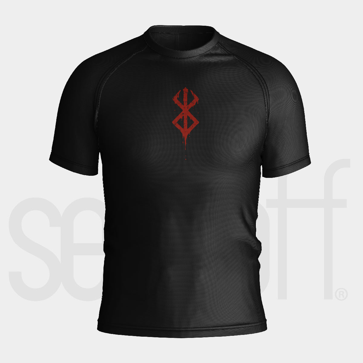 The Berserk Minimalist Anime Symbol Compression Gym Shirt, a black short-sleeve moisture-wicking workout top with a small red chest symbol, is showcased against a light gray background.