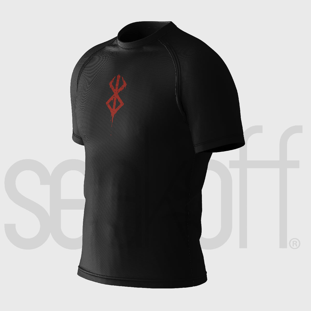 Berserk's Minimalist Anime Symbol Compression Gym Shirt is a black short-sleeve top with a red abstract chest symbol, designed for gym enthusiasts. This high-quality shirt features moisture-wicking technology for comfort and is showcased against a plain gray background.