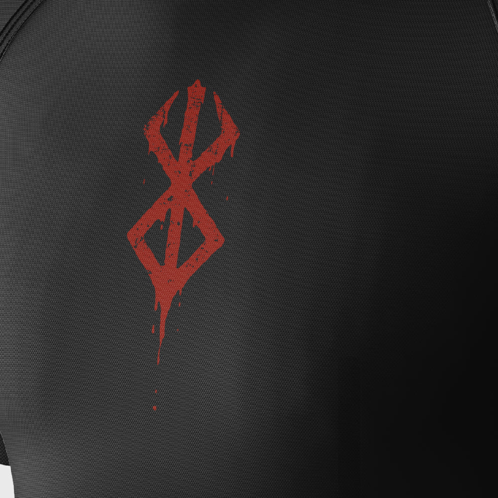 The Berserk Minimalist Anime Symbol Compression Gym Shirt features a black textured surface with a red, distressed, dripping design resembling interlocking diamonds and small splatters. This dynamic gym shirt combines anime-inspired style with high-quality moisture-wicking technology.