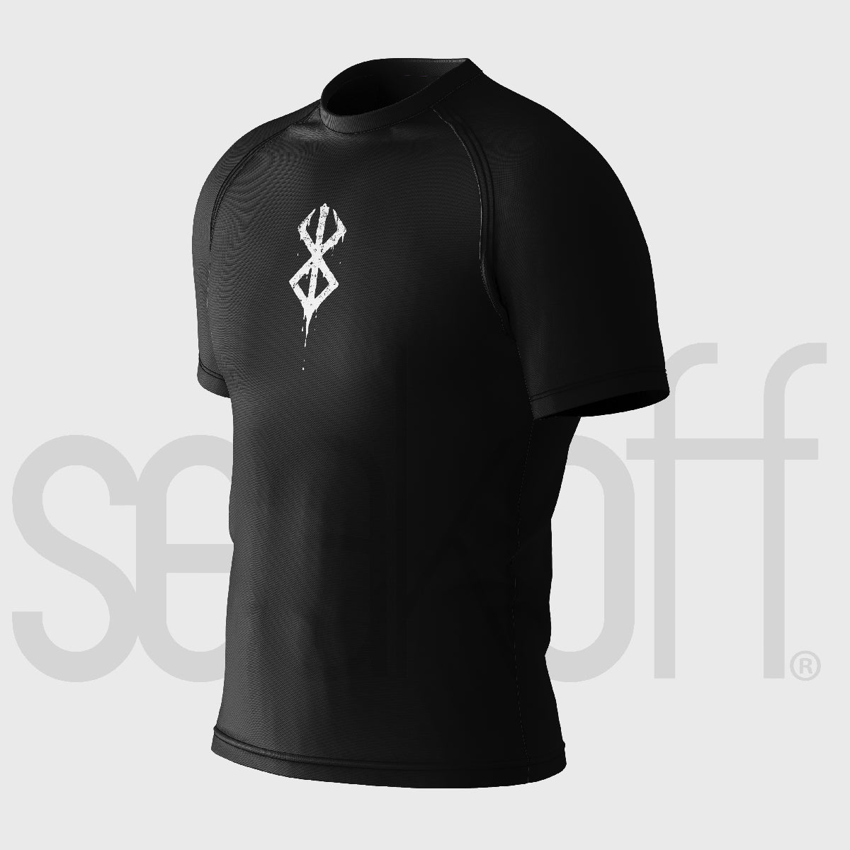 The Berserk Minimalist Anime Symbol Compression Gym Shirt is a black short-sleeve workout top with a white abstract symbol on the chest, offering moisture-wicking technology. It features a light gray background with subtle text for a sleek design.