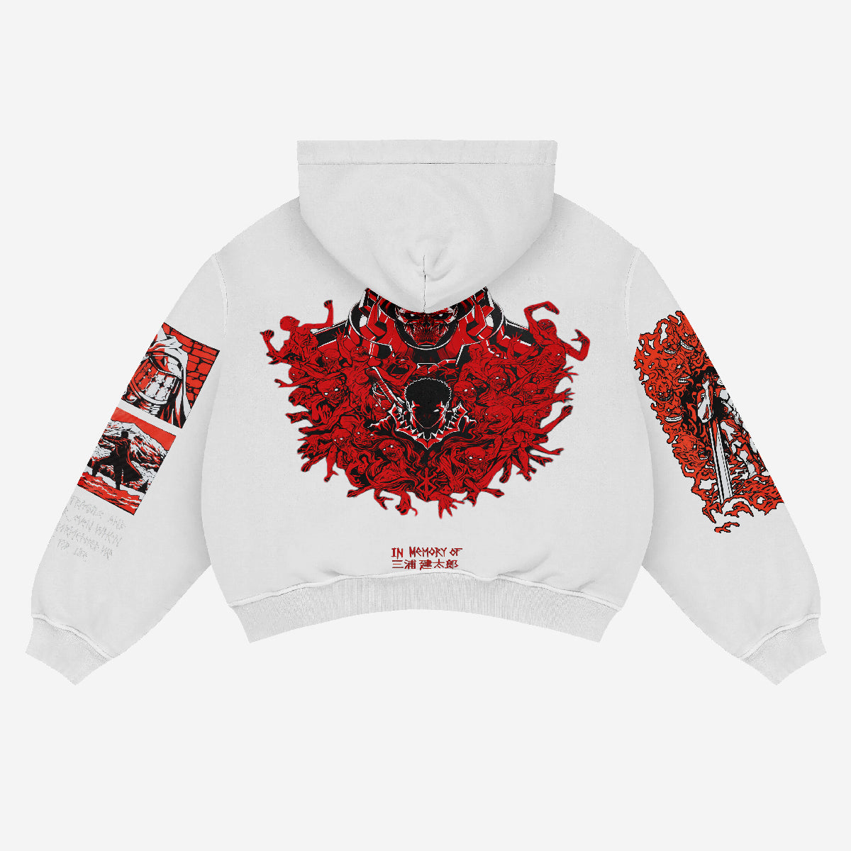 The Berserk Anime Hoodie features a heavyweight white cropped design with a prominent red and black back graphic of intricate patterns and a central skull. The left sleeve highlights anime-inspired art, including text and stylized illustrations, crafted from 360 GSM cotton.