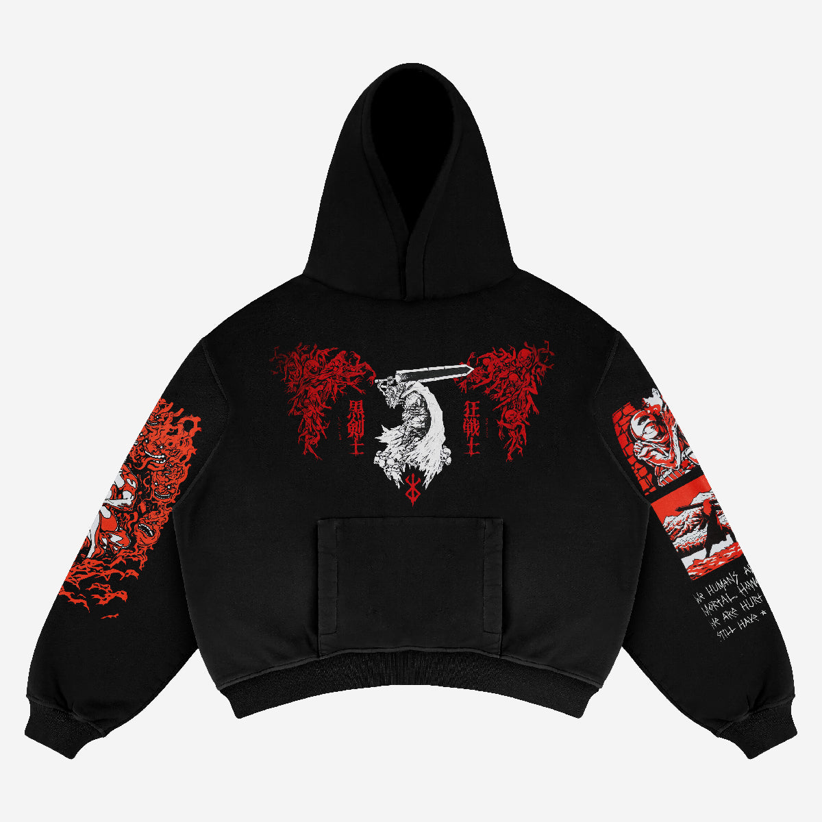 The Berserk Anime Hoodie features the Berserker Sword Warrior design on classic black, crafted from 360 GSM cotton. It captivates with a detailed scythe figure and striking red and white graphics on the back and sleeves, embodying an anime-inspired streetwear vibe.