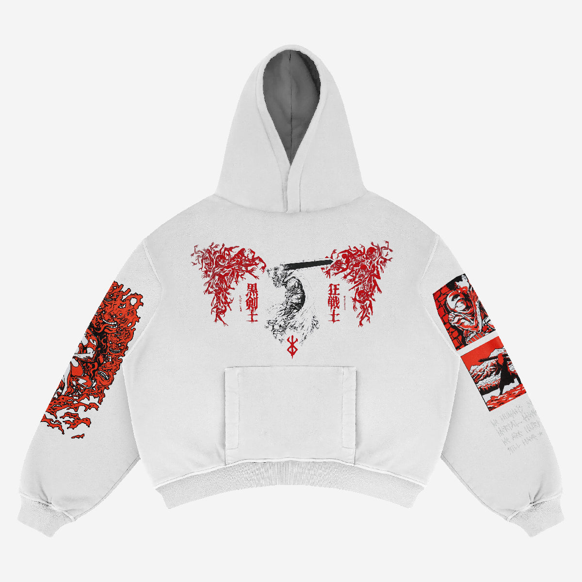 The Berserk Anime Hoodie features a Berserker Sword Warrior design, ideal for anime-themed streetwear. Made from 360 GSM cotton, it sports red and black graphics with a central snake motif, detailed right sleeve patterns, and left sleeve rectangular illustrations with Japanese text—all in classic black high-quality print.