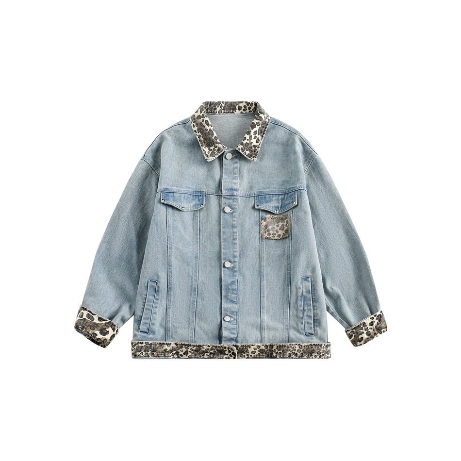 Leopard Print Trim Denim Chambray Jacket on Sale - Men's and Women's Long Sleeve Unique Style - Seakoff