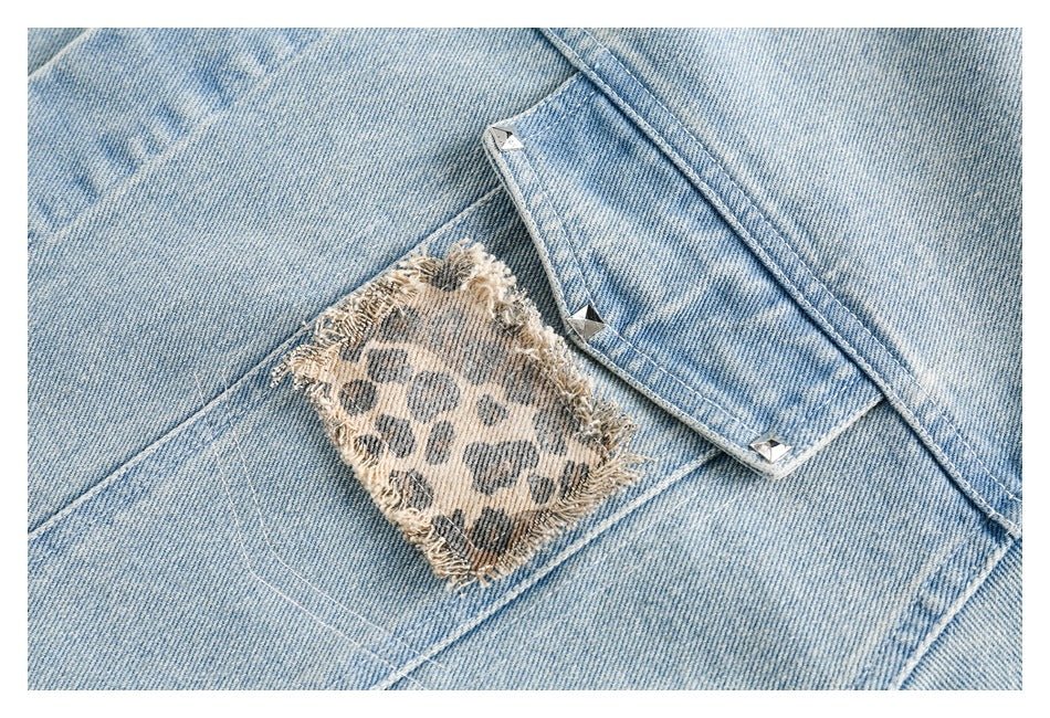 Leopard Print Trim Denim Chambray Jacket on Sale - Men's and Women's Long Sleeve Unique Style - Seakoff