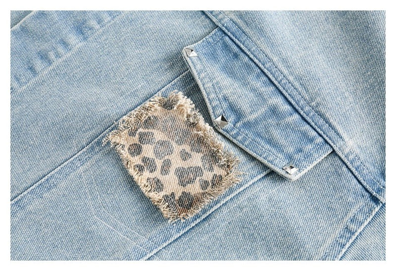 Leopard Print Trim Denim Chambray Jacket on Sale - Men's and Women's Long Sleeve Unique Style - Seakoff