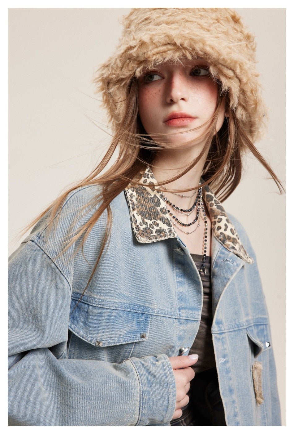 Leopard Print Trim Denim Chambray Jacket on Sale - Men's and Women's Long Sleeve Unique Style - Seakoff