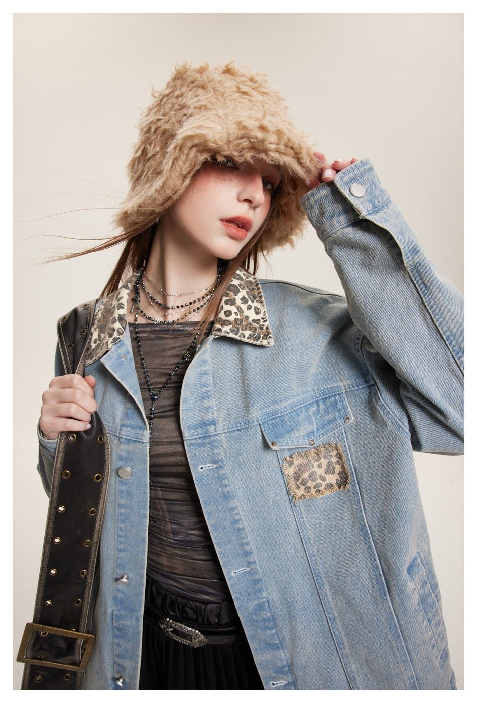 Leopard Print Trim Denim Chambray Jacket on Sale - Men's and Women's Long Sleeve Unique Style - Seakoff