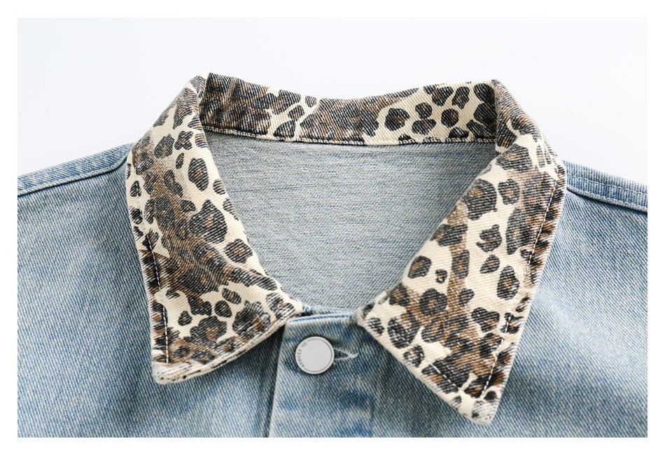 Leopard Print Trim Denim Chambray Jacket on Sale - Men's and Women's Long Sleeve Unique Style - Seakoff