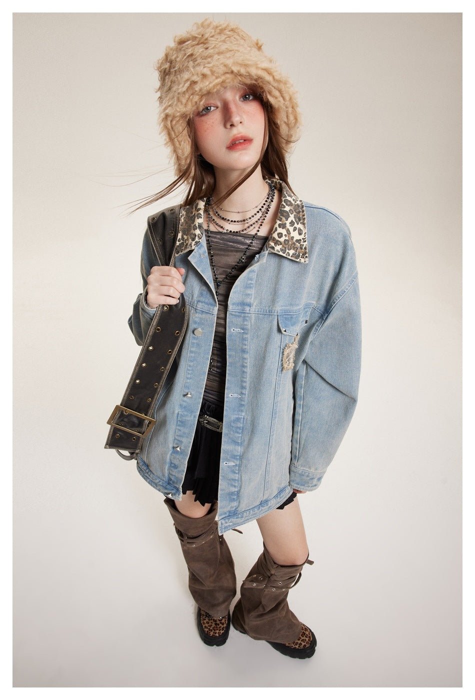 Leopard Print Trim Denim Chambray Jacket on Sale - Men's and Women's Long Sleeve Unique Style - Seakoff