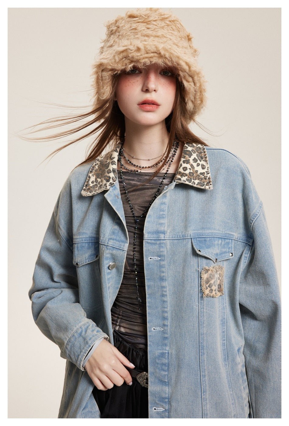 Leopard Print Trim Denim Chambray Jacket on Sale - Men's and Women's Long Sleeve Unique Style - Seakoff
