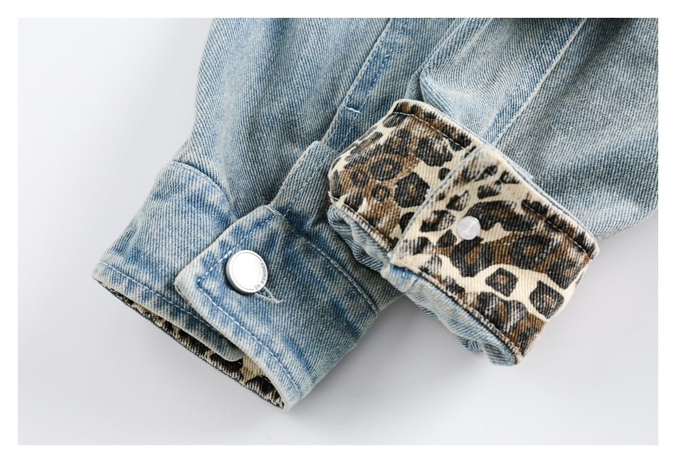 Leopard Print Trim Denim Chambray Jacket on Sale - Men's and Women's Long Sleeve Unique Style - Seakoff
