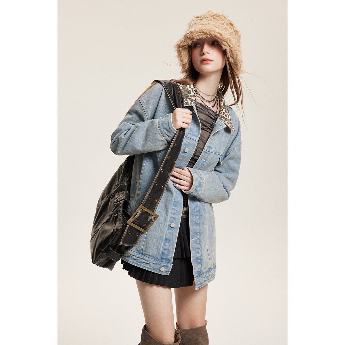 Leopard Print Trim Denim Chambray Jacket on Sale - Men's and Women's Long Sleeve Unique Style - Seakoff
