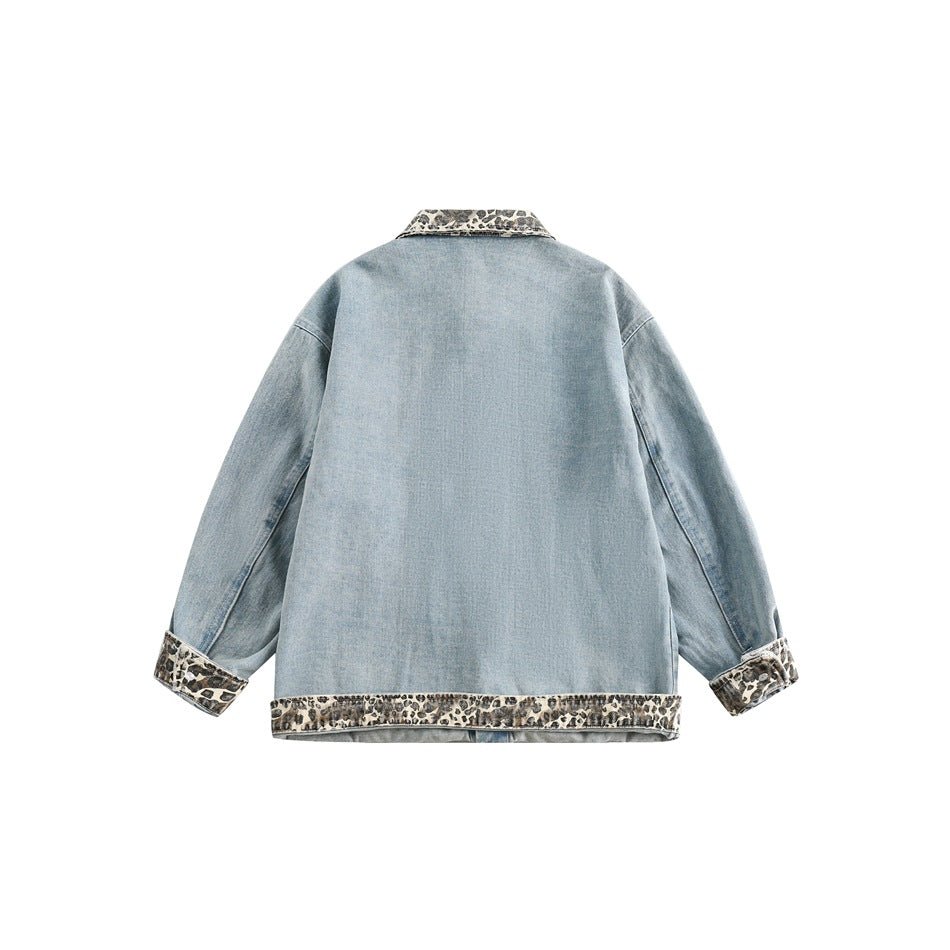 Leopard Print Trim Denim Chambray Jacket on Sale - Men's and Women's Long Sleeve Unique Style - Seakoff