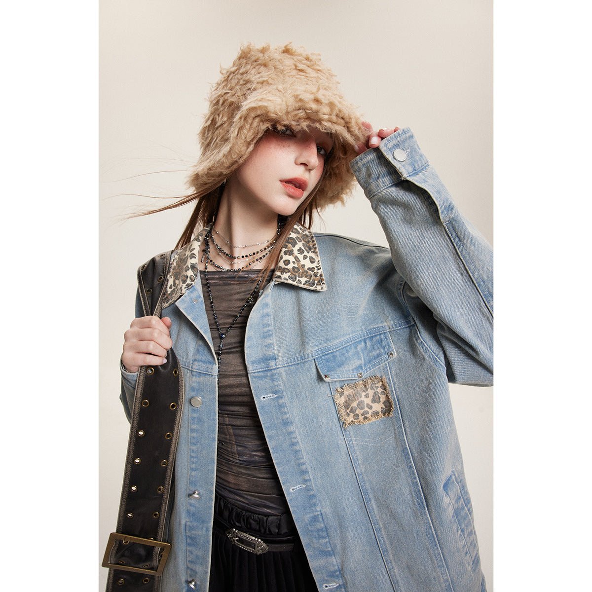 Leopard Print Trim Denim Chambray Jacket on Sale - Men's and Women's Long Sleeve Unique Style - Seakoff