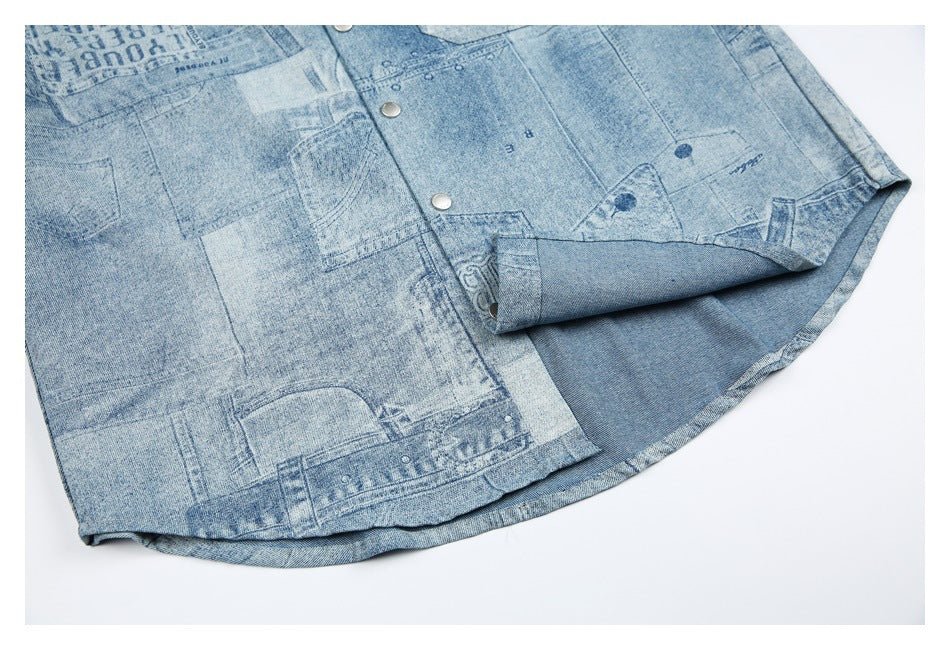 Light Blue Patchwork Denim Chambray Shirt on Sale - Men's and Women's Short Sleeve Vintage Style - Seakoff