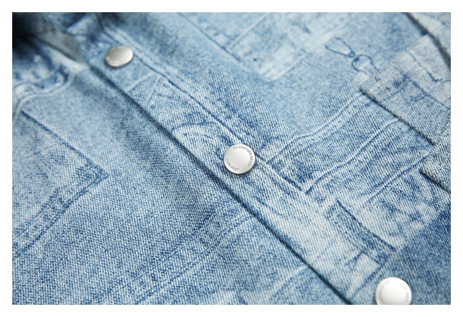 Light Blue Patchwork Denim Chambray Shirt on Sale - Men's and Women's Short Sleeve Vintage Style - Seakoff