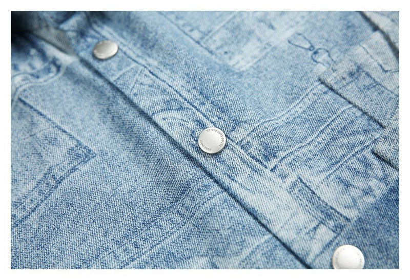 Light Blue Patchwork Denim Chambray Shirt on Sale - Men's and Women's Short Sleeve Vintage Style - Seakoff
