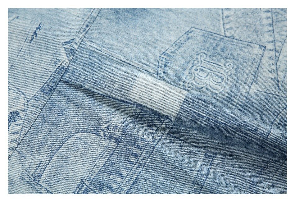 Light Blue Patchwork Denim Chambray Shirt on Sale - Men's and Women's Short Sleeve Vintage Style - Seakoff