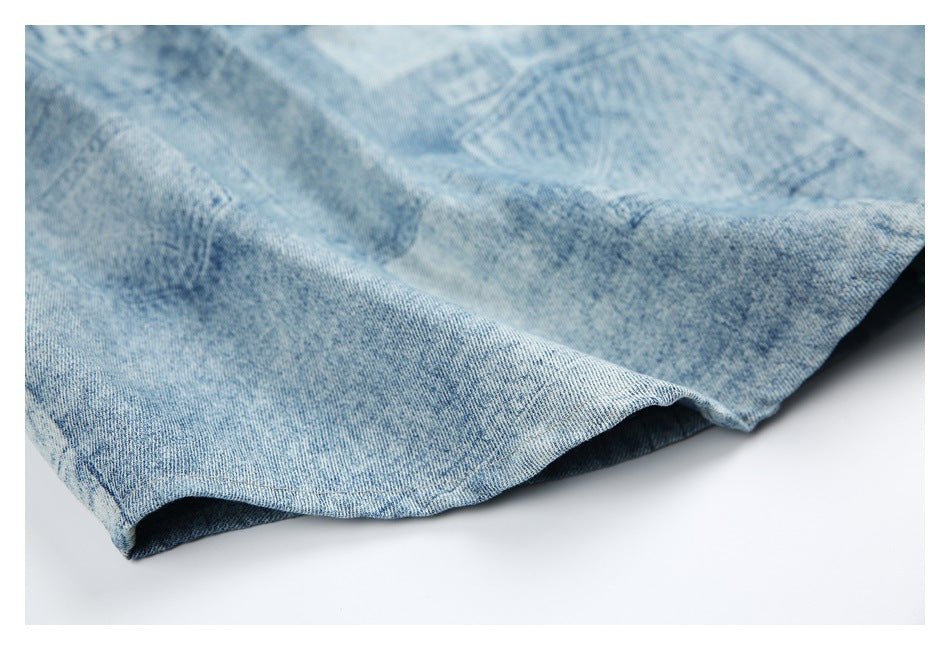 Light Blue Patchwork Denim Chambray Shirt on Sale - Men's and Women's Short Sleeve Vintage Style - Seakoff