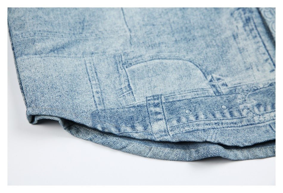 Light Blue Patchwork Denim Chambray Shirt on Sale - Men's and Women's Short Sleeve Vintage Style - Seakoff