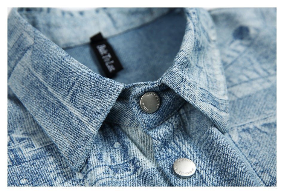 Light Blue Patchwork Denim Chambray Shirt on Sale - Men's and Women's Short Sleeve Vintage Style - Seakoff