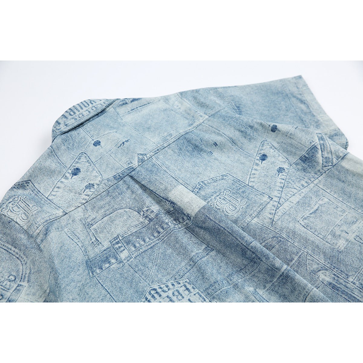 Light Blue Patchwork Denim Chambray Shirt on Sale - Men's and Women's Short Sleeve Vintage Style - Seakoff