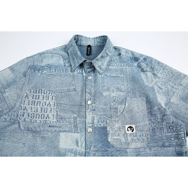 Light Blue Patchwork Denim Chambray Shirt on Sale - Men's and Women's Short Sleeve Vintage Style - Seakoff