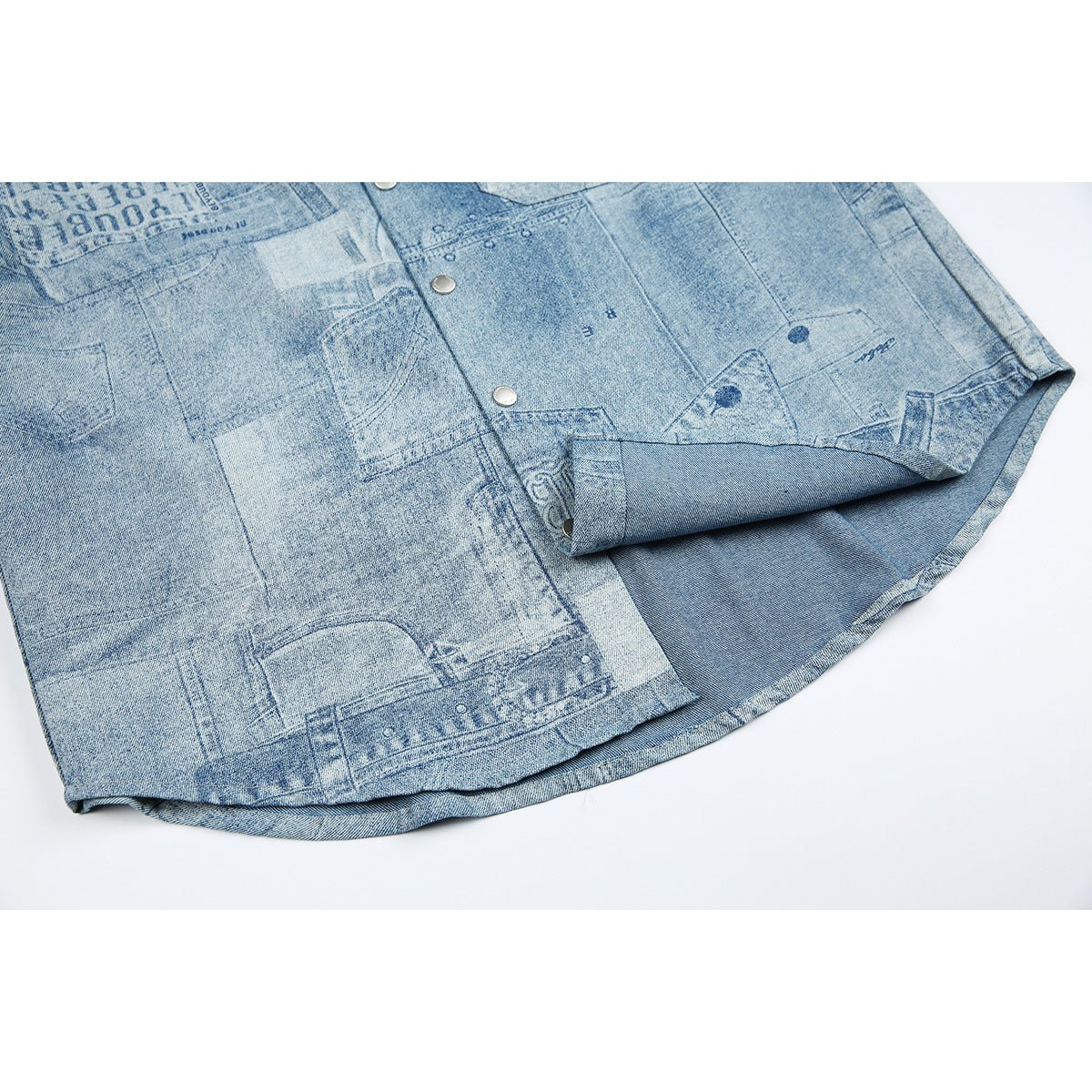Light Blue Patchwork Denim Chambray Shirt on Sale - Men's and Women's Short Sleeve Vintage Style - Seakoff