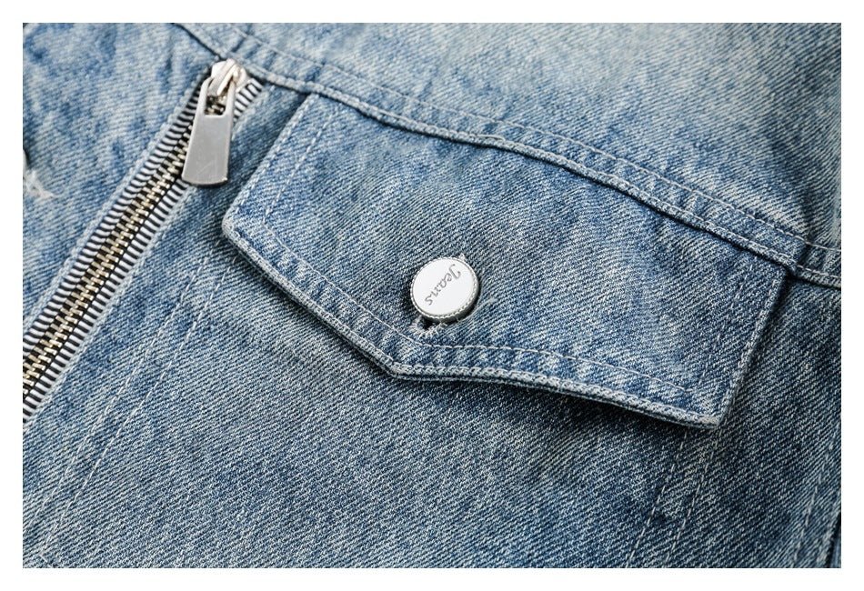 Light Blue Zipper Denim Chambray Jacket on Sale - Men's and Women's Long Sleeve Classic Style - Seakoff