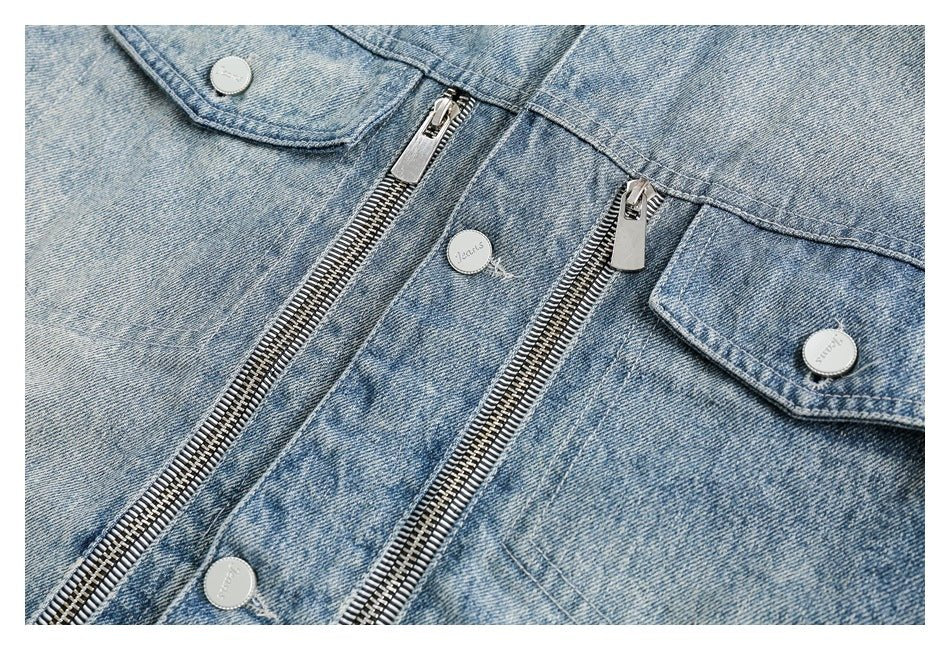 Light Blue Zipper Denim Chambray Jacket on Sale - Men's and Women's Long Sleeve Classic Style - Seakoff