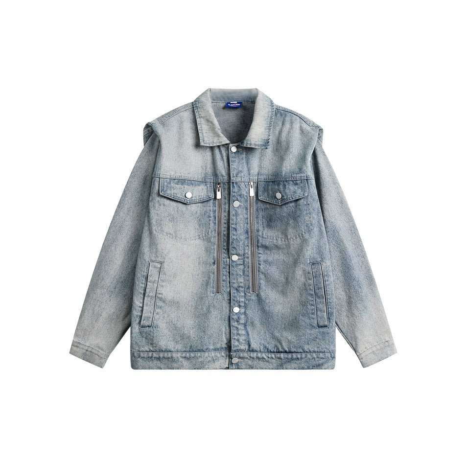 Light Blue Zipper Denim Chambray Jacket on Sale - Men&