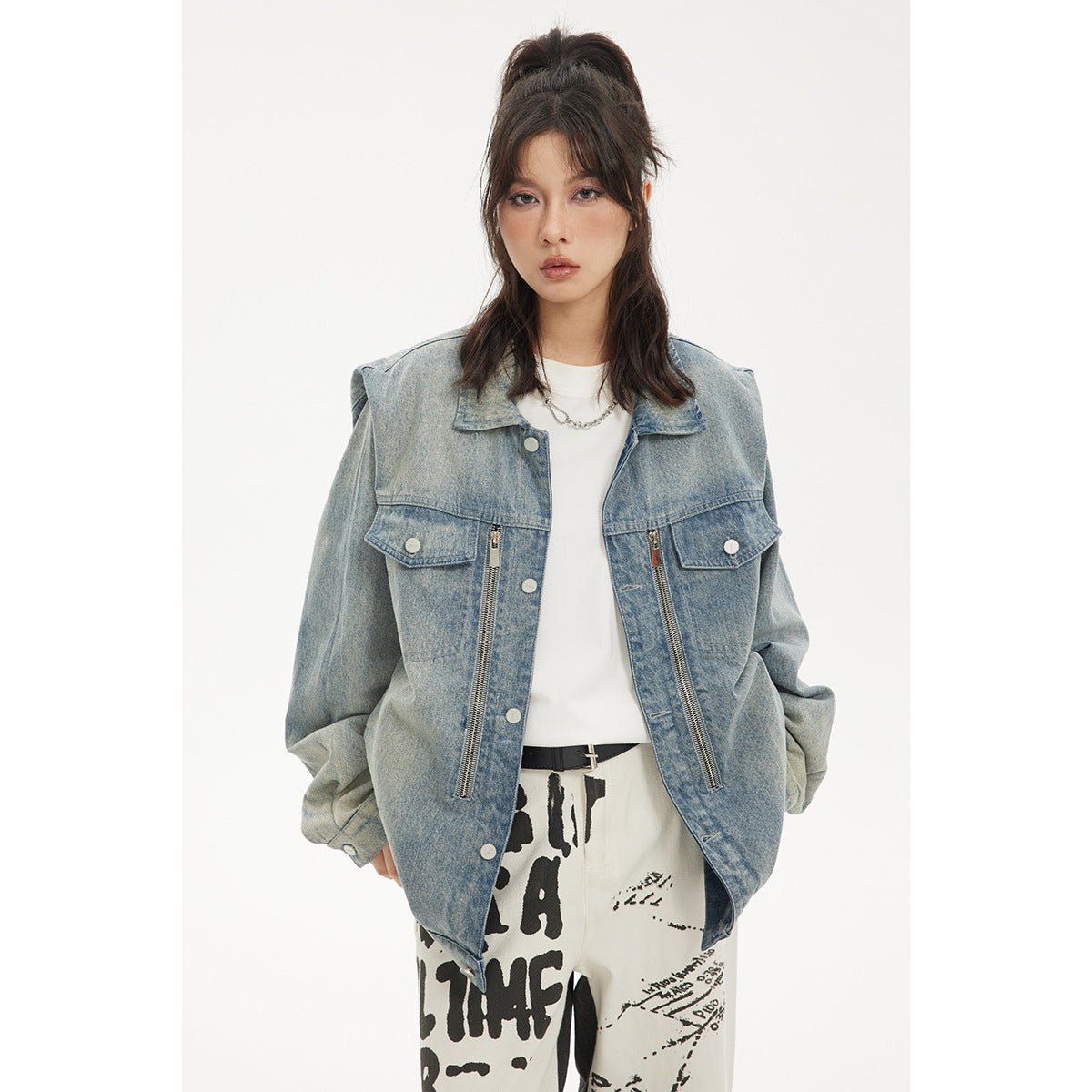 Light Blue Zipper Denim Chambray Jacket on Sale - Men's and Women's Long Sleeve Classic Style - Seakoff